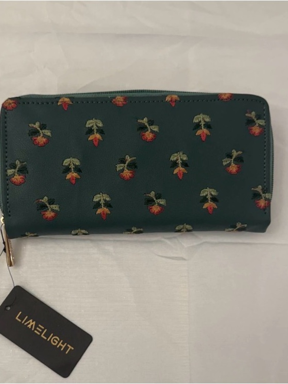 Limelight Dark Green Embroidered Floral Zip-Around Wallet